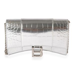Balenciaga Silver Croc-Embossed Hourglass Chain Wallet